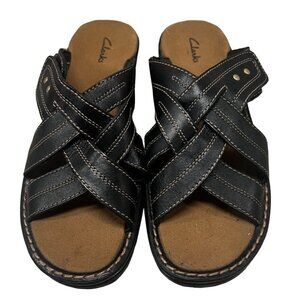 Clarks Women's Criss Cross‎ Vamp Leather Sandals 10M Black Slip-On